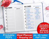 Weekly meal planner + shopping list planner printable for bullet journals and other planners.
