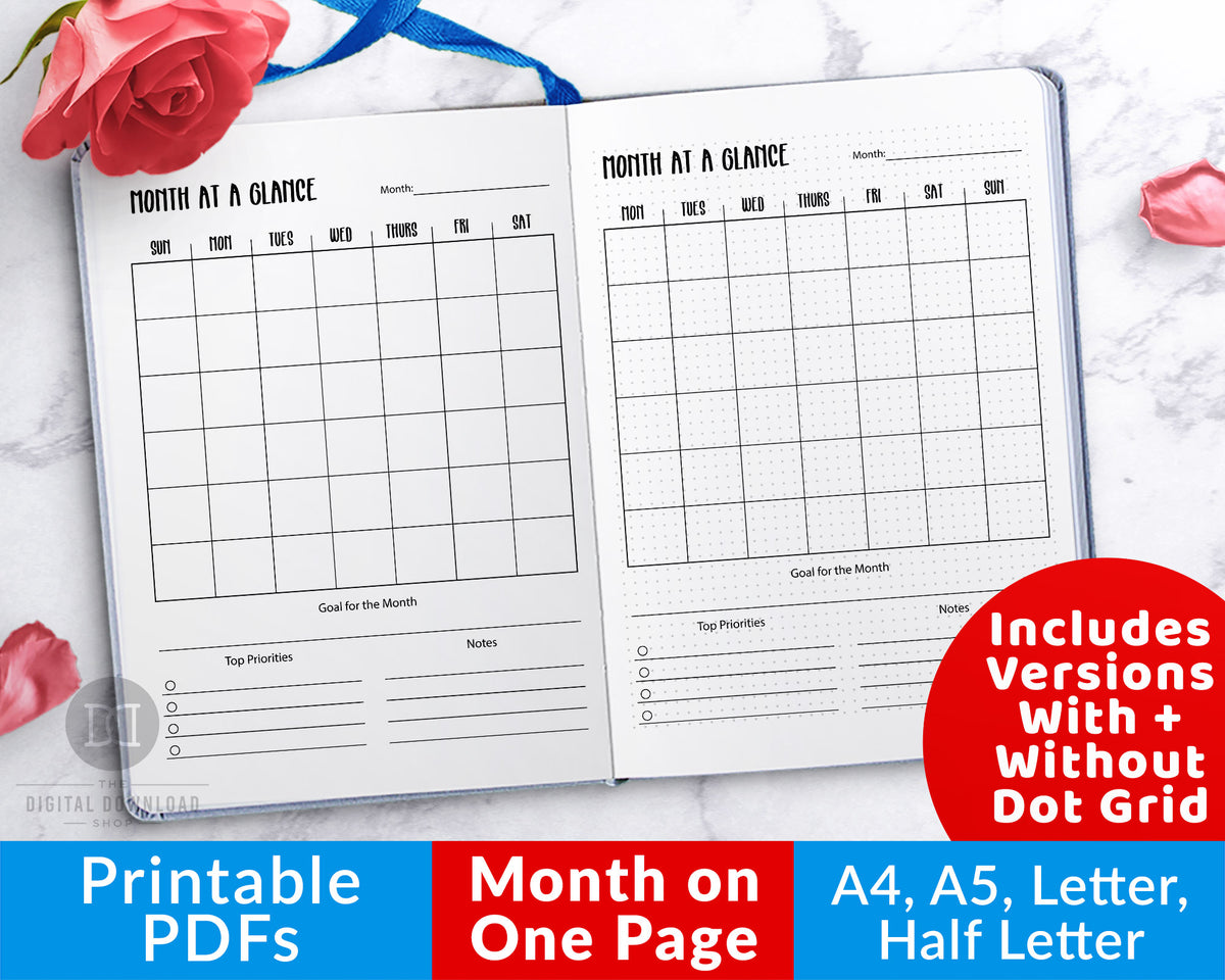 Month on One Page Planner Printable | The Digital Download Shop