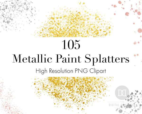 105 metallic paint splatters clipart PNG images (35 gold, 35 rose gold, + 35 silver) for personal and commercial use.