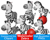10 watercolor style zebra clipart graphics for personal and commercial use. This zebra graphics set includes zebras standing, rearing, pointing, playing with a ball, and more!