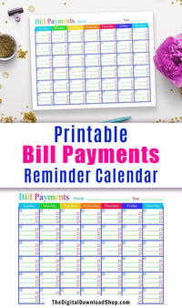 Bill Payments Calendar Printable- Get your personal finances organized in style with this pretty printable blank calendar! It includes plenty of space to write reminders of when different bills are due throughout the month, and spots to check them off once they've been paid. | bills due reminder, pay bills reminder, blank calendar printable, #printable #personalFinance #DigitalDownloadShop