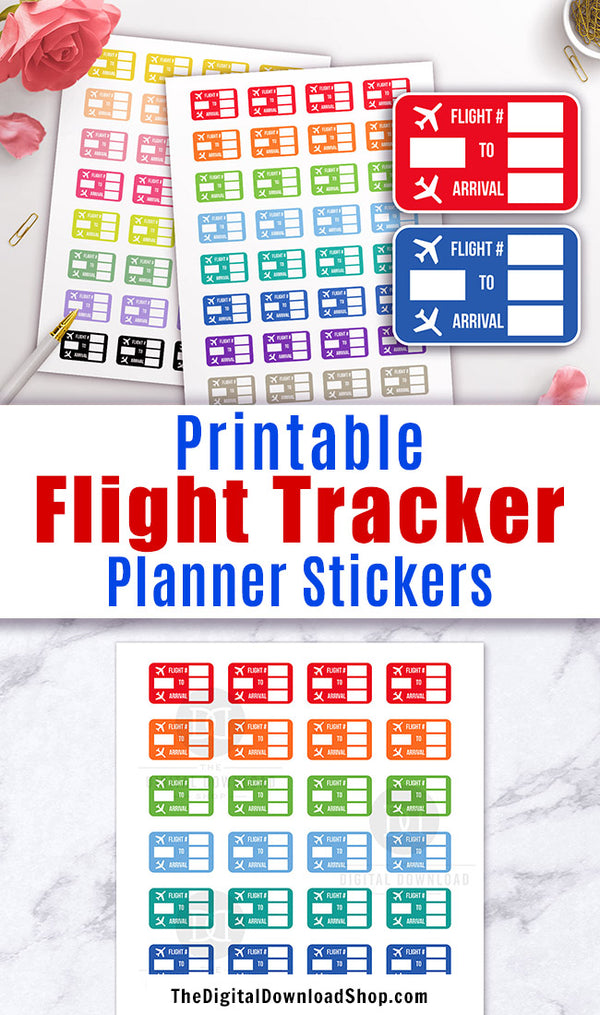Printable planner stickers- flight tracker stickers for any planner, including Erin Condren's Life Planner. Use these to record your flight information and plan your travel! | #DigitalDownloadShop