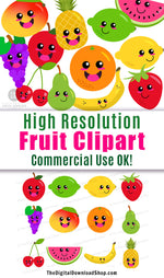 Happy Fruit Clipart- These cute smiling fruits would be perfect for teaching about healthy foods in the classroom, or for creating fun spring/summer projects or scrapbook layouts! | kawaii fruit, cute fruit, healthy food graphics, #clipart #graphics #DigitalDownloadShop