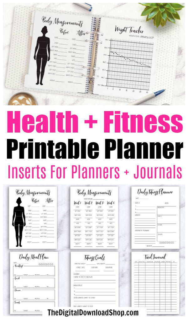 Printable health and fitness planner for bullet journals and other planners. Journal and plan your way to a healthy body with the help of these 17 fitness and wellness planner pages! | health and wellness planner, weight loss planner, weight tracker, body measurements tracker, exercise tracker, workout planner, #fitness #planner #DigitalDownloadShop