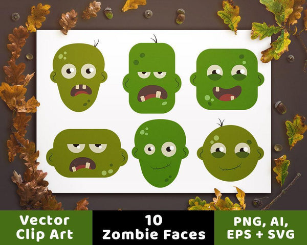 10 Zombie Heads Clipart - The Digital Download Shop