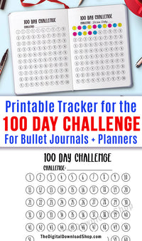 100 Day Challenge Printable Tracker- Use this 100 day challenge worksheet printable to take part in the creative 100 Day Project or to track your progress toward any other goal you set yourself! | bullet journal page, bujo printable, planner insert, #The100DayProject #goalTracker #DigitalDownloadShop