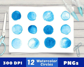 12 Small Blue Watercolor Circles Clipart