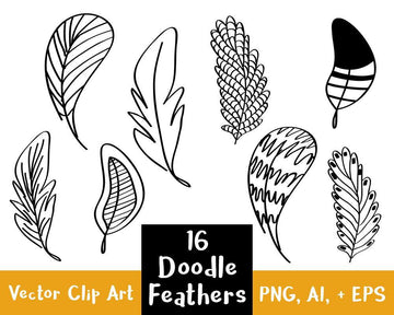 16 Doodle Feathers Clipart