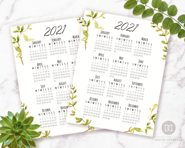 2021 at a Glance Calendar Printable- Watercolor Greenery