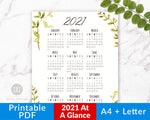 2021 at a Glance Calendar Printable- Watercolor Greenery