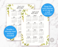2021 at a Glance Calendar Printable- Watercolor Greenery