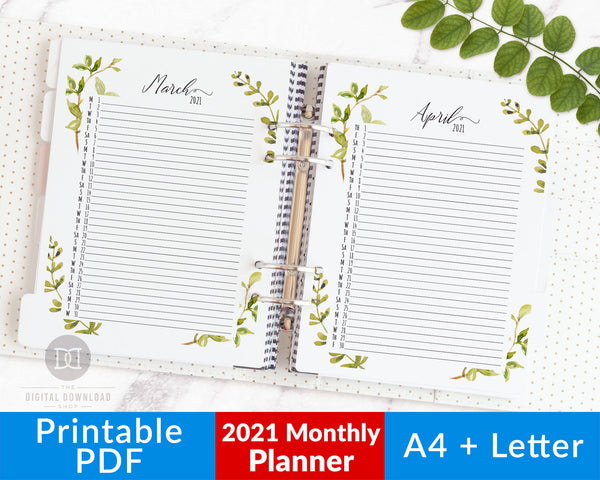 2021 Monthly Planner Printable- Watercolor Greenery