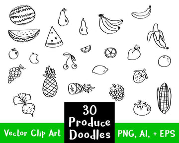 30 Fruit + Veggies Doodle Clipart