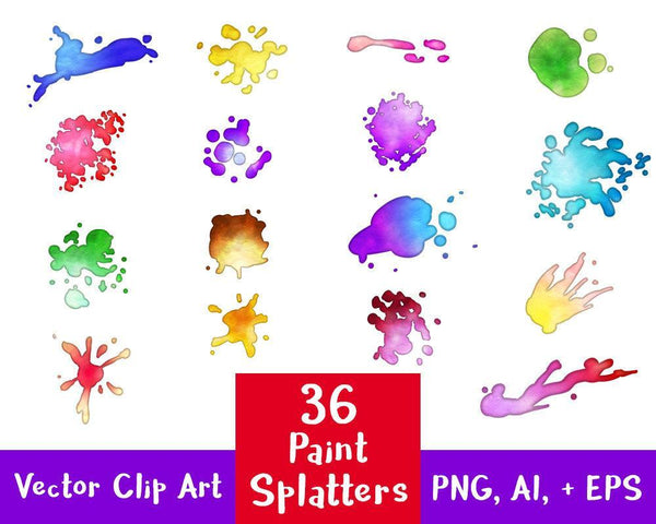 36 Paint Splatters Watercolor Clipart - The Digital Download Shop