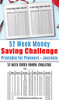 Money Saving Challenge Printable- Use this savings chart printable to keep track of your savings as you do the 52 week challenge! This is perfect for planners and bullet journals! | frugal living, money saving challenge template printable, personal finance, #saveMoney #moneySaving #DigitalDownloadShop