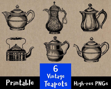 6 Vintage Teapots  Clipart