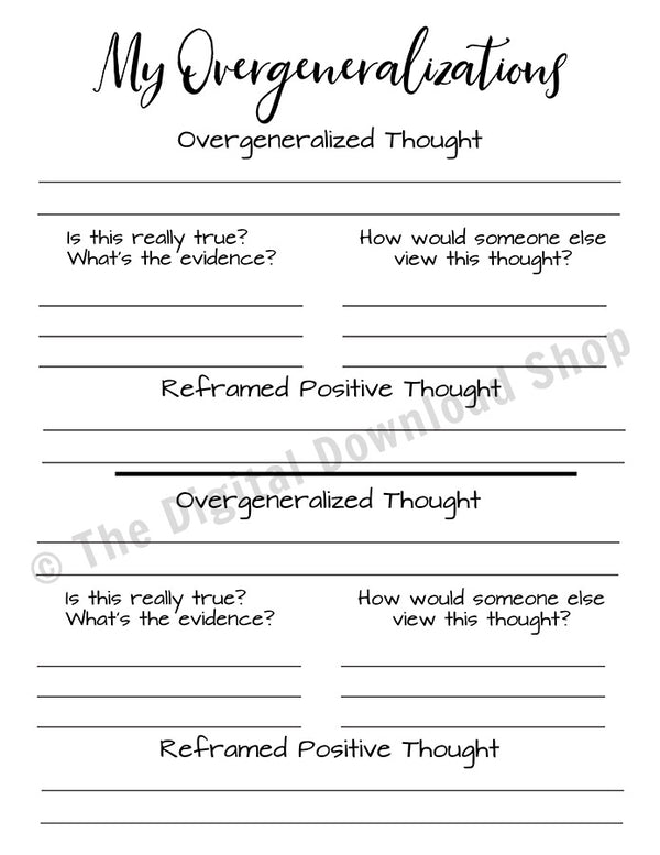 Anxiety Worksheet Printable- Overgeneralized Thought Reframing