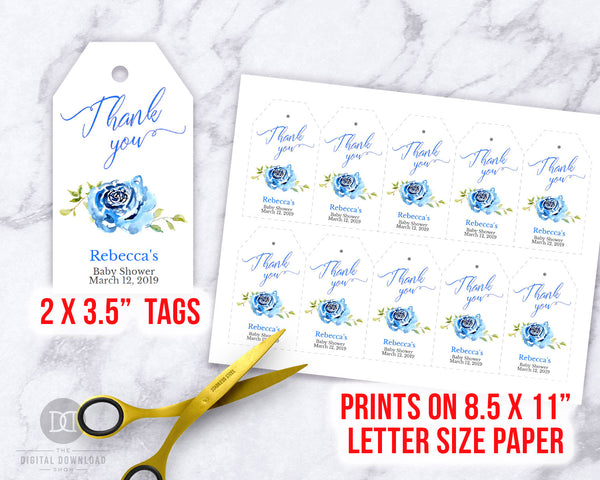 Boy Baby Shower Favor Tags Printable Editable- These thank you tags with blue watercolor roses will add such a lovely touch to the favors at your baby shower or baby sprinkle! | editable gift tags, custom tags, personalized tags, #babyShower #giftTags #DigitalDownloadShop