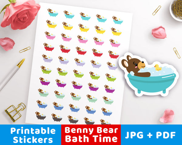 Bath Time Printable Planner Stickers- Benny Bear- The Digital Download Shop
