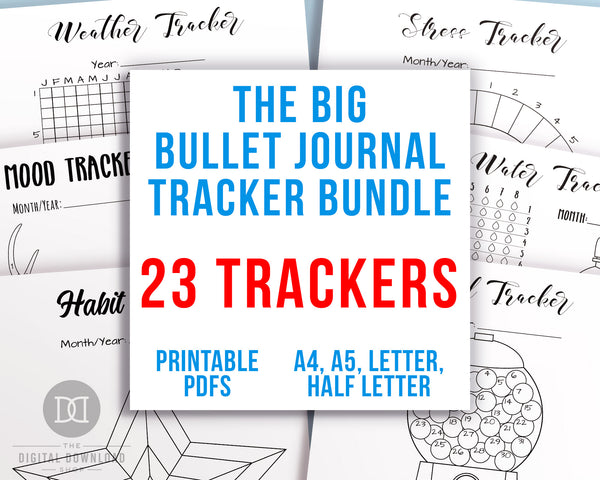 Bullet Journal Tracker Template Printable Bundle- This big bujo tracker printables bundle has all the trackers you need for your planner! It includes habit trackers, mood trackers, stress trackers, weather trackers, and more! | #moodTracker #habitTracker #bulletJournal #bujo #DigitalDownloadShop
