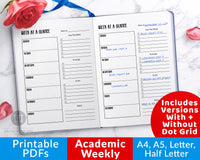 Academic weekly planner printable for bullet journals and other planners. This undated academic planner printable will help you get your weeks organized and keep you from forgetting anything important!