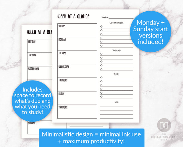 Academic weekly planner printable for bullet journals and other planners. This undated academic planner printable will help you get your weeks organized and keep you from forgetting anything important!