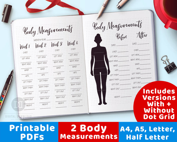 2 body measurement tracker printables for bullet journals and other planners. Use these weight loss tracker printables to keep tabs on how your weight loss journey is changing your body measurements! | lose weight, health and wellness, printable fitness planner, #fitness #weightLoss #DigitalDownloadShop