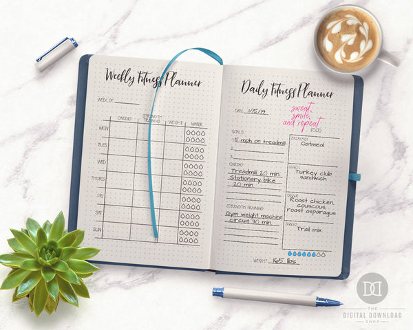 Fitness Planner Bullet Journal Printables- 2 fitness planner printables (daily + weekly) for bullet journals and other planners. Use these exercise planner template printables to help you plan out your daily exercise, plan your meals, track your weight, and track your hydration! | workout planner, exercise planner, health and wellness, bujo printables, printable planner inserts, #fitness #planner #DigitalDownloadShop