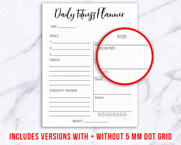 2 fitness planner printables (daily + weekly) for bullet journals and other planners. Use these exercise planner template printables to help you plan out your daily exercise, plan your meals, track your weight, and track your hydration! | workout planner, exercise planner, health and wellness, bujo printables, printable planner inserts, #fitness #planner #DigitalDownloadShop