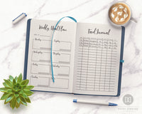 Bullet Journal Food Diary Printables- Use these food journal + meal planner printables to plan your meals and track your calories, carbs, protein, and fat! | meal planning, menu planning, food log, health and wellness planner, fitness planner, bullet journal, printable planner inserts, bujo, #foodDairy #foodJournal #DigitalDownloadShop