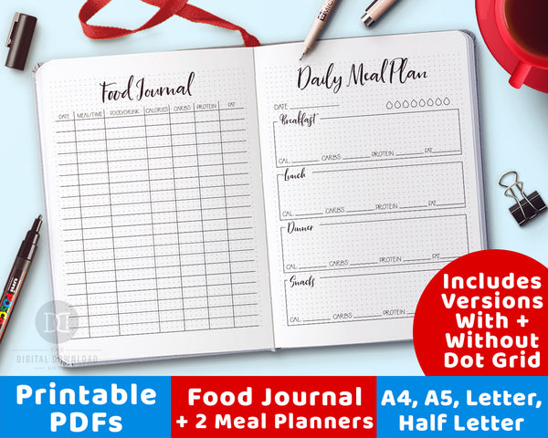 Food Journal Printable + 2 Meal Planner Printables- Use these food diary printables to plan your meals and track your calories, carbs, protein, and fat! | meal planning, menu planning, food log, health and wellness planner, fitness planner, bullet journal, printable planner inserts, bujo, #foodDairy #foodJournal #DigitalDownloadShop