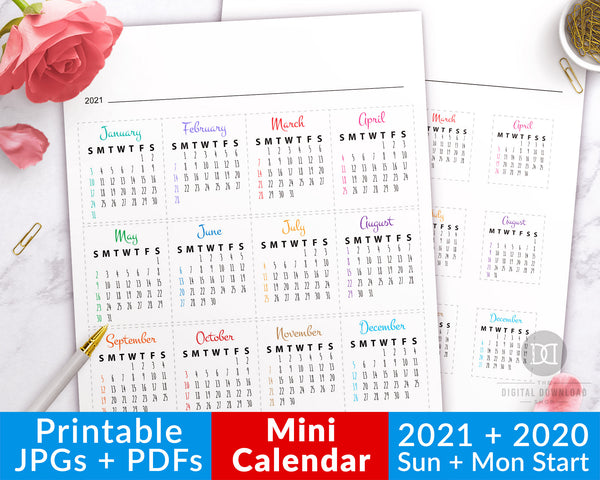 2021 + 2020 Bullet Journal Mini Calendars Printable
