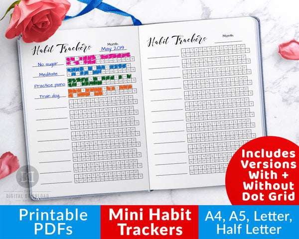 Mini habit tracker printable for bullet journals and other planners, with 12 trackers on one page. Use this bujo tracker printable as a way to keep track of your progress toward all your habit goals!