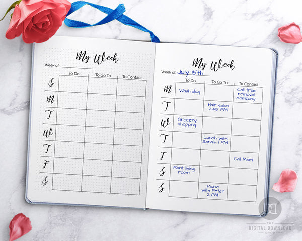Week on one page printable for bullet journals and other planners.