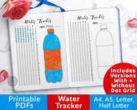 Water tracker printable for bullet journals and other planners. Use this 31 day hydration tracker planner printable to make sure you drink enough water every day, and have fun coloring in the water bottle drawing! 