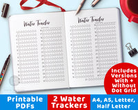 2 water tracker printables for bullet journals and other planners. Use these monthly hydration tracker template printables to keep tabs on how much water you drink! | drink more water, bujo printables, stay hydrated, #planner #bulletJournal #DigitalDownloadShop