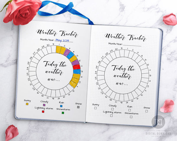 2 weather tracker printables for bullet journals and other planners- 1 circle tracker (for monthly tracking) and 1 chart tracker (for annual tracking). Use this weather tracking planner printable to keep a log of the weather in your area!
