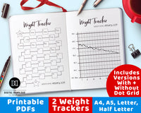 2 weight tracker printables for bullet journals and other planners. Use these weight loss tracker template printable to keep tabs on your weight loss journey! | bujo printables, health and wellness, fitness planner, lose weight, planner inserts, #weightLoss #planner #DigitalDownloadShop