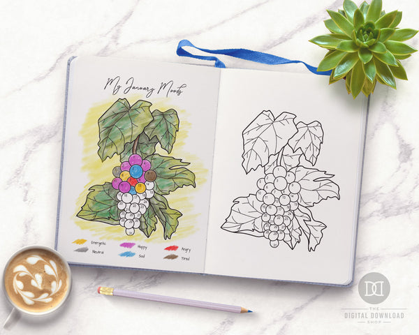 Grapes Mood Tracker Printable: Color by Mood Exclusive- This fun bullet journal mood tracker printable features a beautiful bunch of grapes! With this printable, even if you don't have great art skills, your tracker will be beautiful! | bujo tracker, bujo ideas, bullet journal inspiration, bujo page spreads, #moodTracker #bulletJournal #DigitalDownloadShop