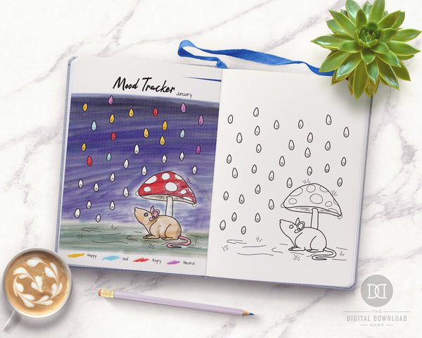 Rainy Day Mouse Mood Tracker: Color by Mood Exclusive- This adorable mood tracker features a cute mouse caught in a rain shower! Even if you don't have great art skills, this printable will help you create a beautiful tracker! | bujo ideas, bullet journal page spread, coloring page, #bulletJournal #moodTracker #DigitalDownloadShop