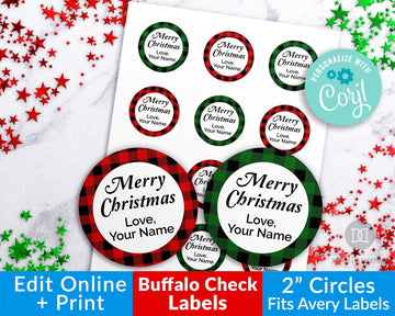 Christmas Buffalo Check Labels Editable- Round *EDIT ONLINE*