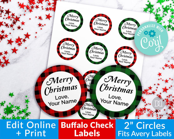 Christmas Buffalo Check Labels Editable- Round