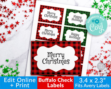 Buffalo Check Christmas Labels Template Printable *EDIT ONLINE*
