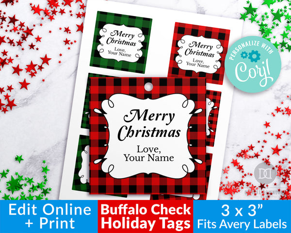 Buffalo Check Editable Christmas Tags- Square