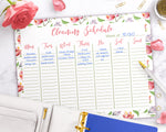 Weekly cleaning schedule template printable with gorgeous watercolor florals. Use this printable cleaning checklist to create your chore list for the week.