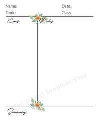 Cornell Notes Template Printable- Watercolor Floral- The Digital Download Shop