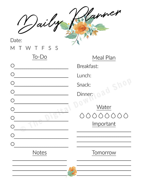 Daily Planner Printable- Floral Watercolor- The Digital Download Shop