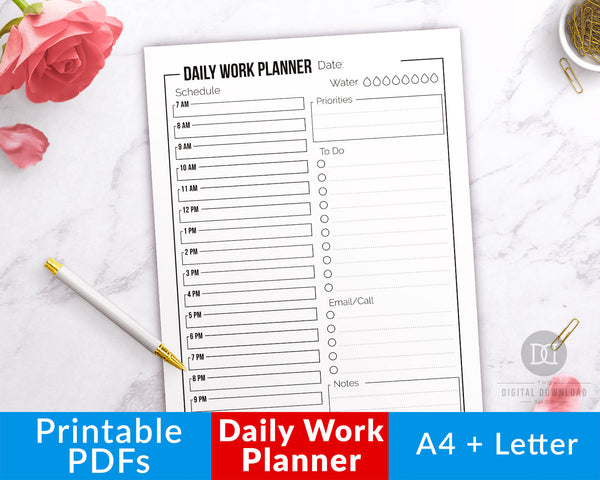 Daily work planner printable with a minimalist black and white design.