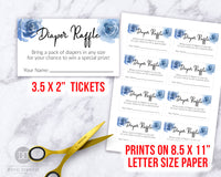 Printable raffle tickets with watercolor blue flowers for a boy baby shower. These printable diaper raffle game tickets are a fun and easy way to host a raffle game at your baby shower!