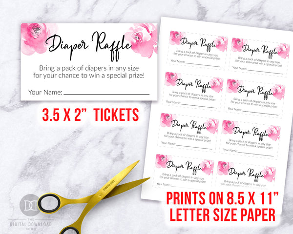 Printable raffle tickets with watercolor pink flowers for a girl baby shower. These printable diaper raffle game tickets are a fun and easy way to host a raffle game at your baby shower!